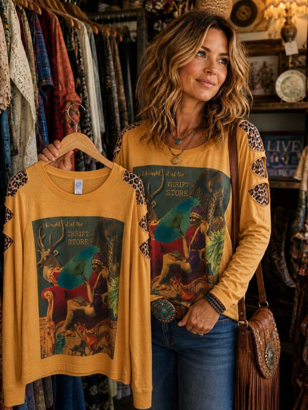 Women’s Mustard Graphic Long Sleeve Tee "I bought it at the thrift store"